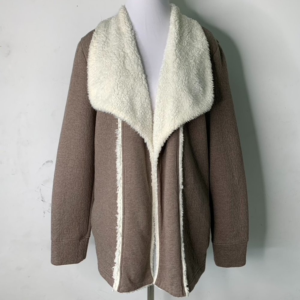 LL Bean Women's Brown Quilted Faux Sherpa Fleece Lined Open Front Cardigan Small
